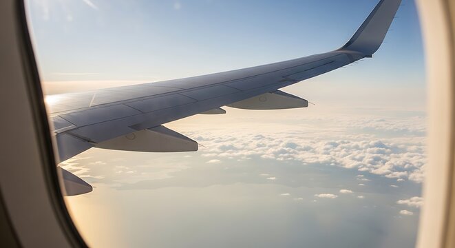 Airplane wing view from window, commercial aircraft flying over white clouds and blue ocean, aerial travel and aviation concept