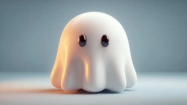 Cute shy ghost character with glossy eyes in soft white 3D style on a pastel blue background