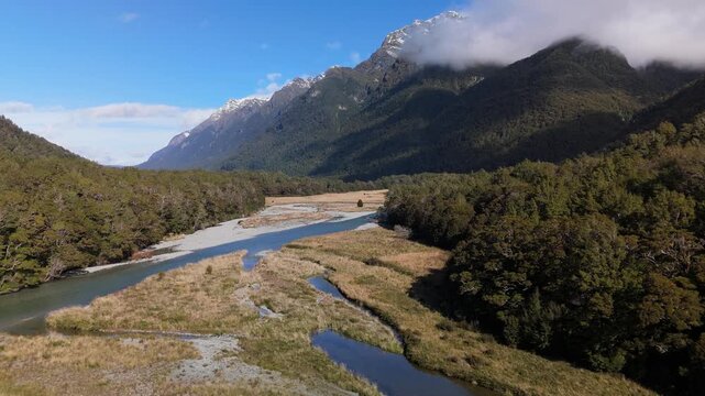 Aerial of Eglinton Valley Cloud Wreathed Mountains