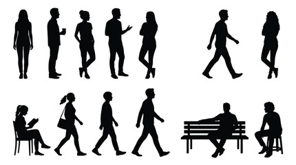 Set of silhouettes of people standing, walking and sitting © Hikari Vector Studio