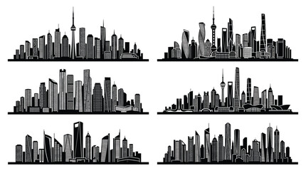 Fototapeta premium Set of city skylines, vector illustration collection of modern cityscapes with skyscrapers and office buildings, urban architecture silhouettes