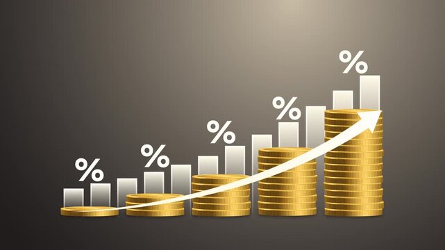 Interest rates and dividend tax concept with animation of stacked gold coins, percentage bar chart and arrow. Represent business financial success, investment profit and saving growth