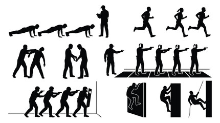 Set of silhouettes of police officers and soldiers during training, physical exercises, shooting practice, tactical maneuvers, and climbing © Hikari Vector Studio