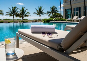 Fototapeta premium A relaxing day at the poolside with a refreshing drink and sunglasses on a comfortable lounge chair