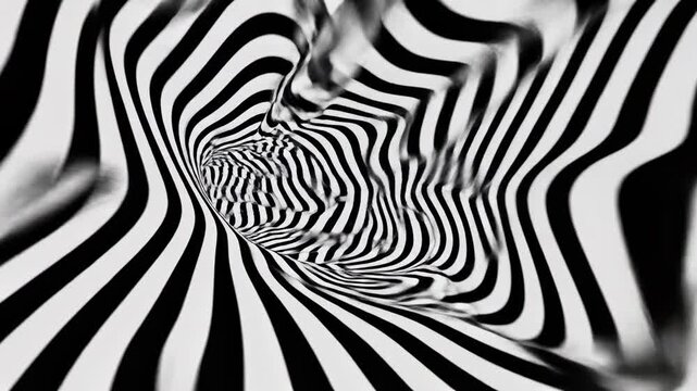 Hypnotic Abstract Motion with black and white wavy striped tunnel pattern ideal for background visuals and creative transitions.