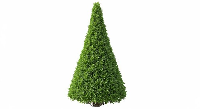 Conical topiary evergreen tree isolated on white background, manicured green garden shrub, decorative cone shaped cypress bush for landscape design