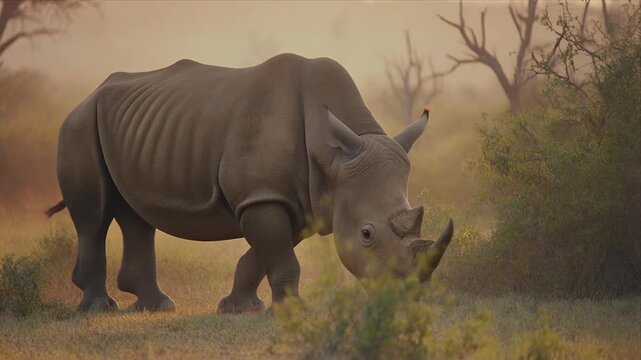 Majestic rhinoceros herd grazing in sunrise savannah landscape.