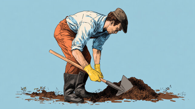Illustration of a man shoveling soil with a spade on a clean blue background.