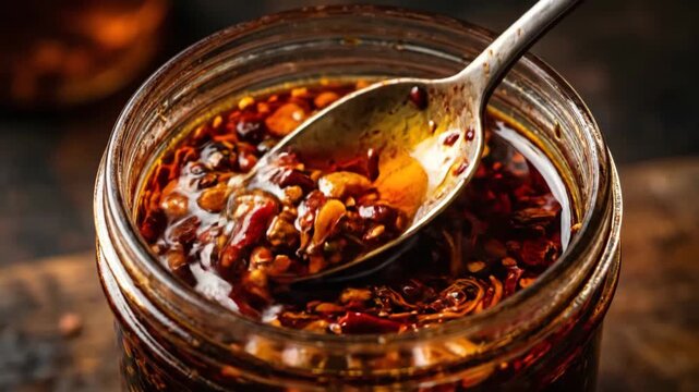 Spoon scooping spicy chili oil with seeds and flakes from a glass jar, overhead view