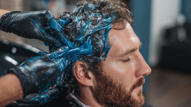 Hairdresser applying blue dye with a brush to a client's hair in a professional beauty salon