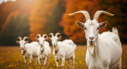 Fototapeta premium Eid ul adha mubarak beautiful white goats in a field festive islamic holiday
