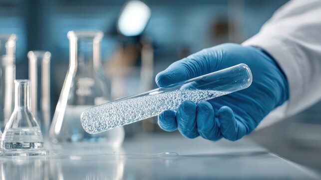 Hand in glove holding bubbling test tube in lab