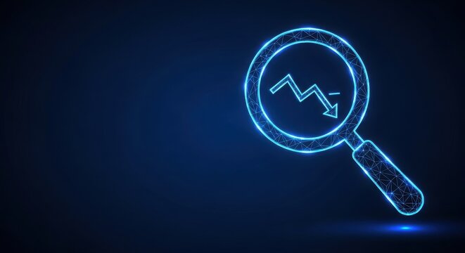 Neon magnifying glass with downward trending graph, representing financial analysis and market decline on a dark blue background.