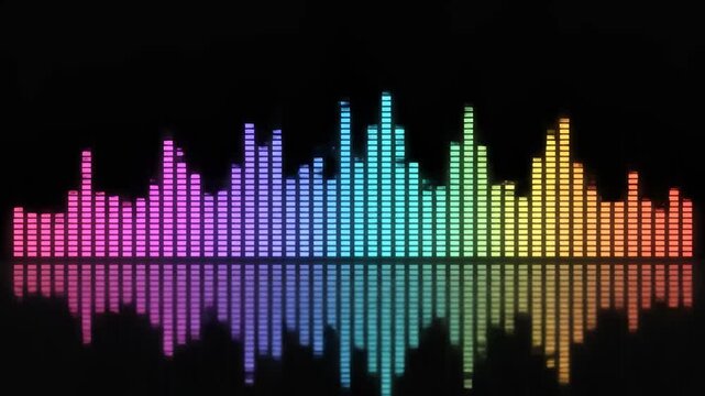 Vibrant Digital Audio Spectrum with colorful equalizer bars and reflection on a black background, ideal for music production and DJ backgrounds.