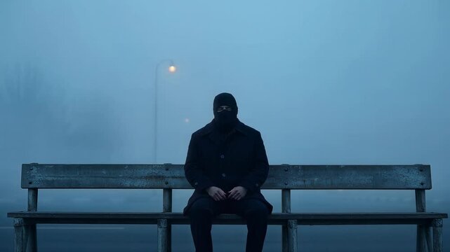A lone, cloaked figure sits on a weathered bench in thick fog, waiting in isolation.