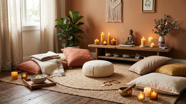 Serene Zen Meditation Corner with Zafu Cushion and Lit Candles