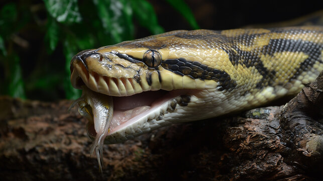 Reticulated python eating a fish while resting on a log in a tropical reptile habitat.