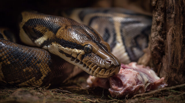 Large python snake eating meat in a natural wildlife scene, showing predator feeding behavior in close detail