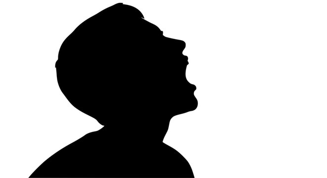 Silhouette of a man screaming with open mouth against white background