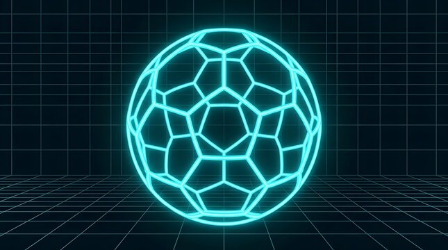 Blue glowing wireframe sphere in a dark digital grid environment.