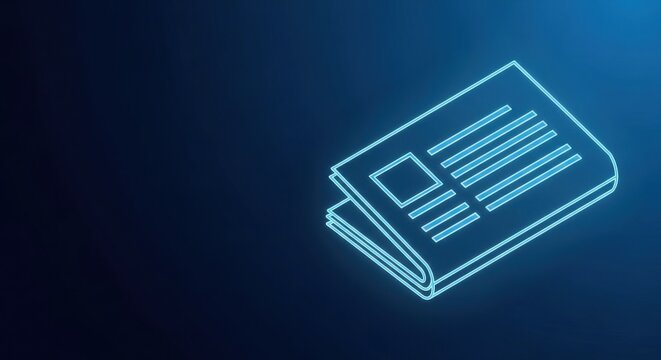 Glowing blue neon newspaper icon on a dark background, representing information and media