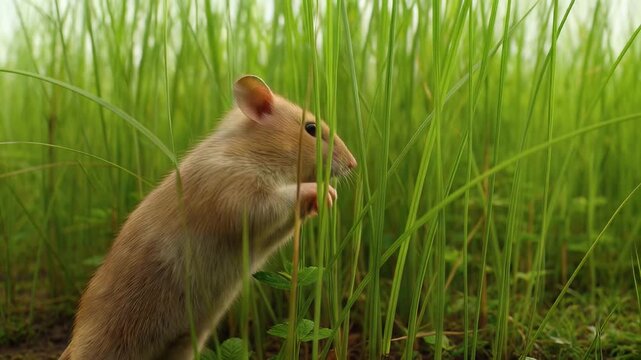 A Tiny Field Mouse Navigates a Lush Green Grass Labyrinth