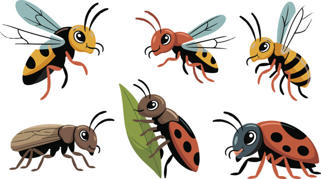Cartoon insects including bees ladybugs and ants in various poses  isolated on white