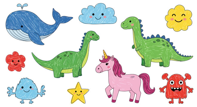 Colorful cartoon fantasy creatures toys.