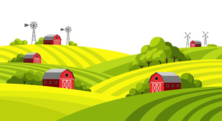 Red barns on green rolling hills. © firia