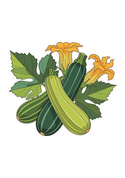 Vector Illustration of Fresh Zucchini Courgettes with Blossoms and Leaves Isolated on White Background