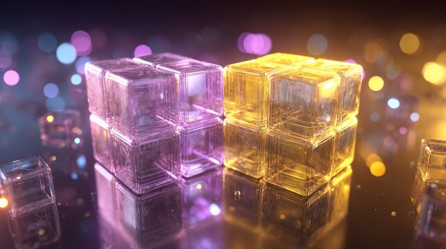 Two glowing transparent cubes with bokeh lights in background