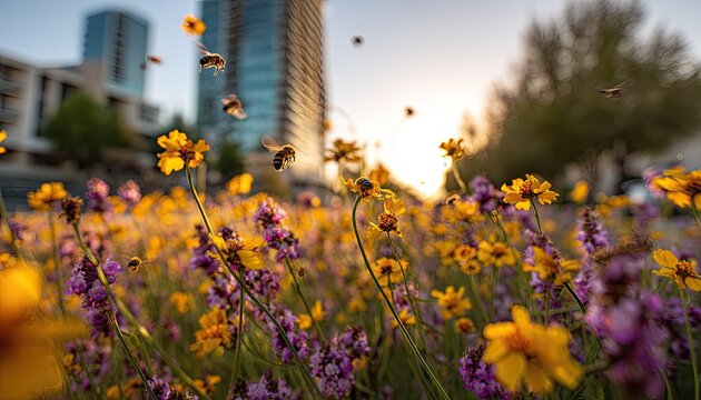 Sunlit wildflowers attract buzzing bees near urban high-rises