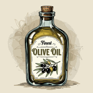 A vintage illustration of a glass bottle filled with finest olive oil, featuring a label with olive branches and olives.