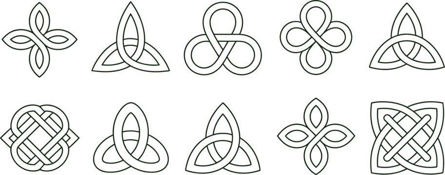 Large collection of Celtic knot vector symbols and traditional infinite loop icons for ethnic branding and spiritual graphic design elements.