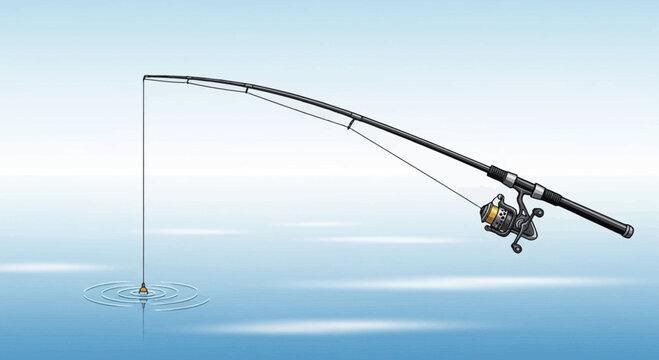 Fishing rod and reel over water, bait in the water, fishing activity, leisure, hobby