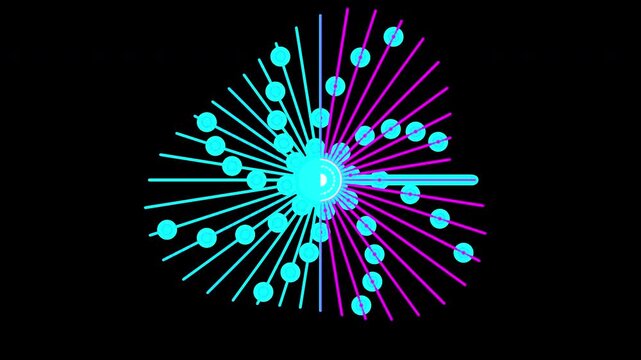 Dynamic 2D graphic: Futuristic AI radar eye. Seamless glowing cyan and vibrant magenta lines form a split geometric network, animating on transparent alpha channel.