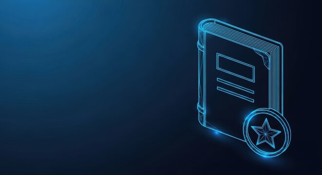 Glowing digital book icon symbolizing education and knowledge against a dark blue gradient background