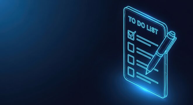 Digital neon to do list checklist with glowing blue outline and checked item against dark background
