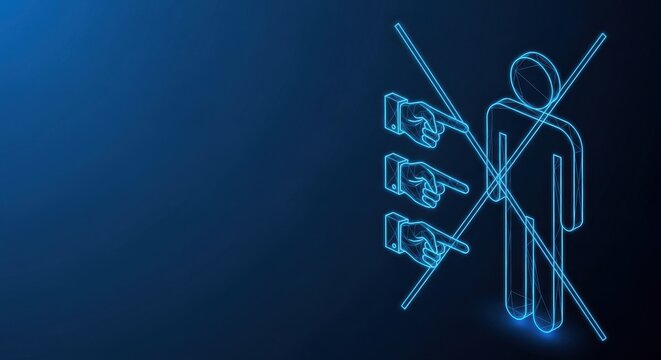 Neon outline of a person targeted by multiple pointing fingers in accusation on a dark digital background
