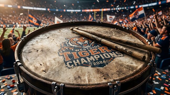 Close up of worn drum with sticks celebrating westside tigers champions 2024 victory in crowded stadium.