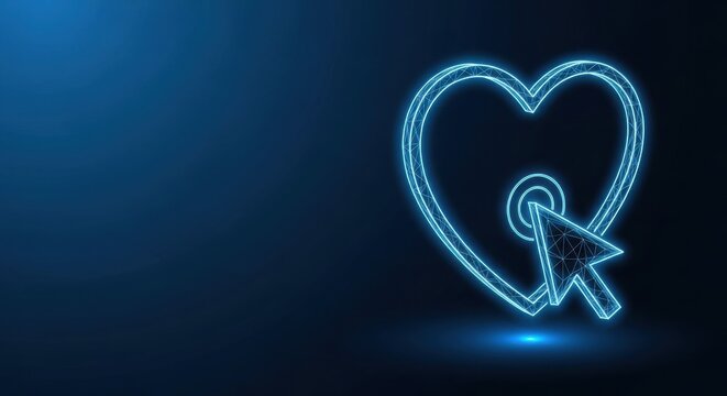 Glowing neon heart shape connected with digital technology elements on a dark blue futuristic background