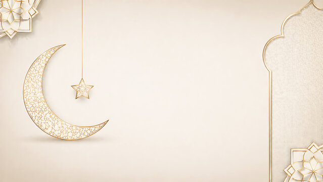 Minimal eid background with crescent moon star and islamic arch frame elegant beige luxury design