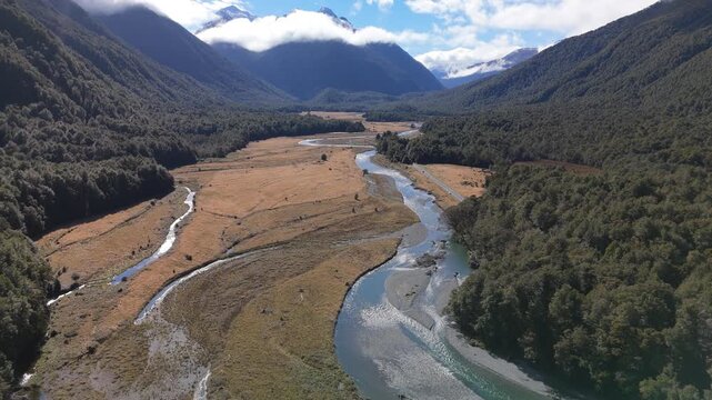 Aerial of Eglinton Valley Braided River and Mountains