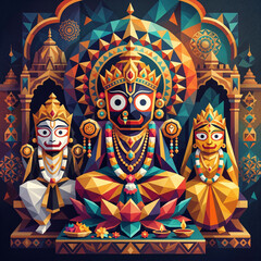 Obraz premium Modern Geometric Low Poly Art of Lord Jagannath, Balabhadra, and Subhadra