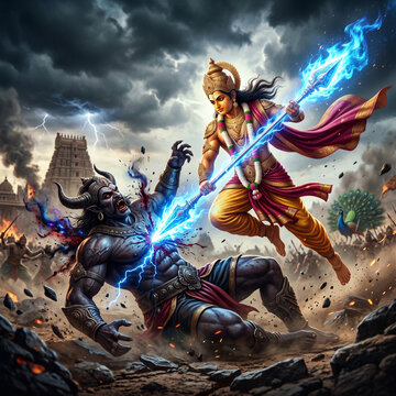 Dynamic Battle Scene of Lord Murugan Defeating Demon Soorapadman
