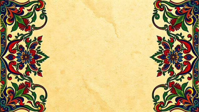 Ornate islamic floral border with vibrant arabesque design on antique textured paper background copy space
