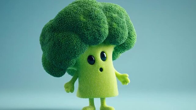A cheerful animated broccoli mascot with a big smile