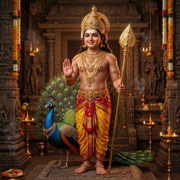 Divine Lord Murugan Standing in an Ancient Indian Temple Setting
