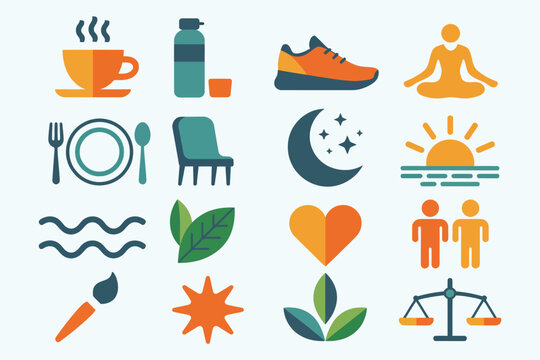 Productivity balance icon set abstract flat style with coffee cup water bottle exercise shoe yoga pose lunch plate vector illustration