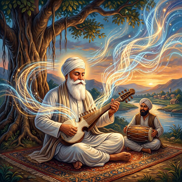 Guru Nanak Dev Ji Playing Rebab Under a Tree with Devotee